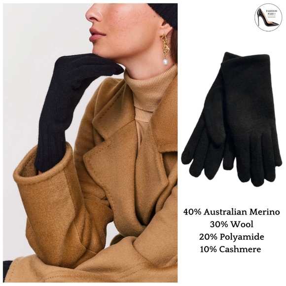 Luxury Cashmere Merino Wool Gloves Classic Black Winter Mittens Fleece inside - Picture 2 of 10